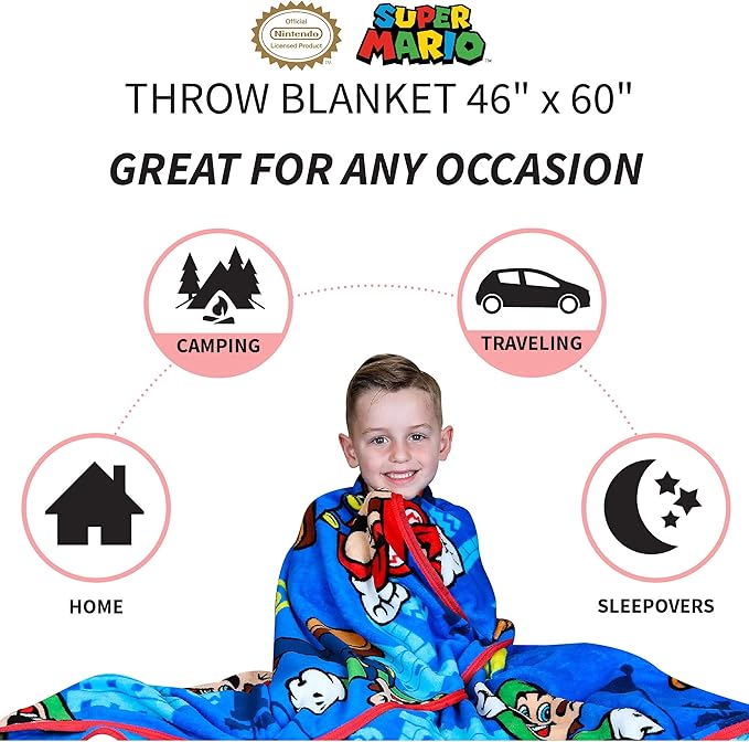 Franco Kids Bedding Super Soft Plush Throw Blanket, 46 in x 60 in, Mario