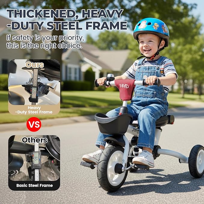 JMMD 8 in 1 Tricycle Stroller with Push Handle, Foldable Trike with 360° Swivel Seat, Reclining Backrest, All-Terrain Wheels, Dual Brakes, Canopy & Storage, Gift for Kids 18 Months to 5 Years, Red