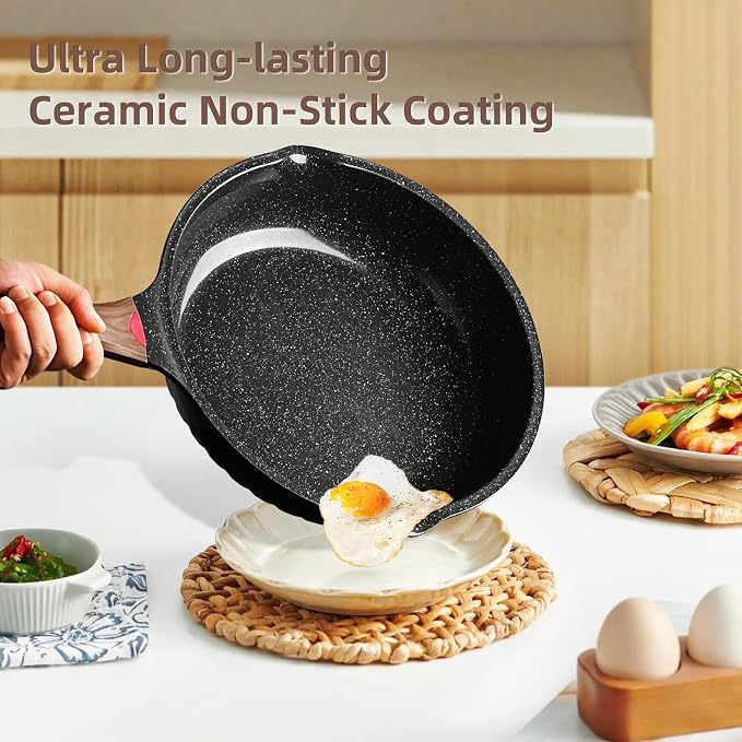 Vinchef 10" & 12" Nonstick Ceramic Frying Pan Set with Lids, 2-Pack | Black German 3C+ toxin-free ceramic PFOA/PTFE-free Induction/gas compatible Heat indicator handles Lightweight die-cast set