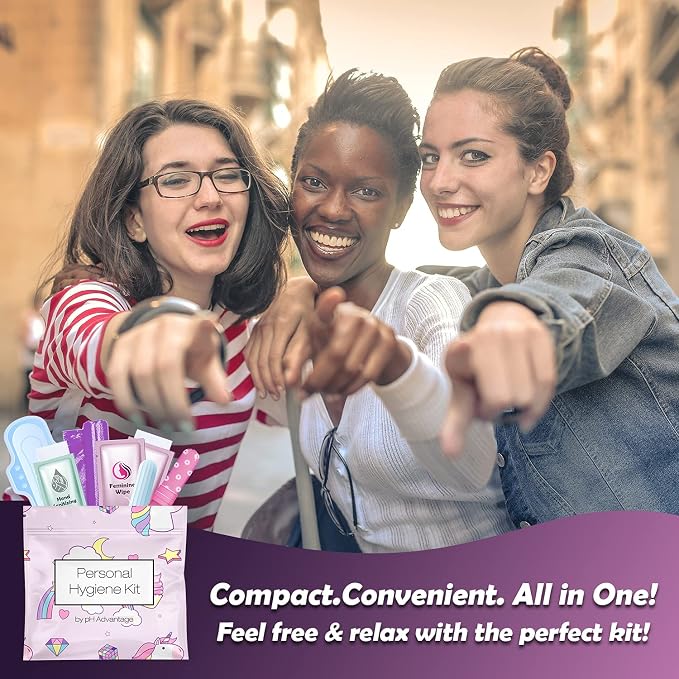 3 x Menstrual All-in-One Kits - Assorted Colors | Convenience on The Go | Single Period Kit Packs | Individually Wrapped Feminine Hygiene Products (Light Brown/Rainbow & Unicorns/Dark Brown)
