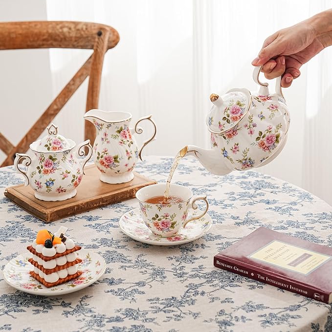 Agyiuns Flower Ceramic Teapot,22oz Porcelain Tea pot for Tea Coffee Milk for Office Home Men Women as Gift(White and small flowers)