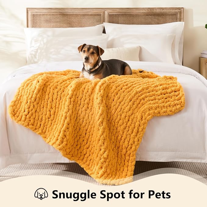 L'AGRATY Chunky Knit Throw Blanket for Couch, 40 x 50 Inches Mustard Yellow | Handmade Chenille Crochet Blanket for Sofa Bed, Thick Cable Knitted Blankets for Room Home Decor, Birthday Gift for Women Mom