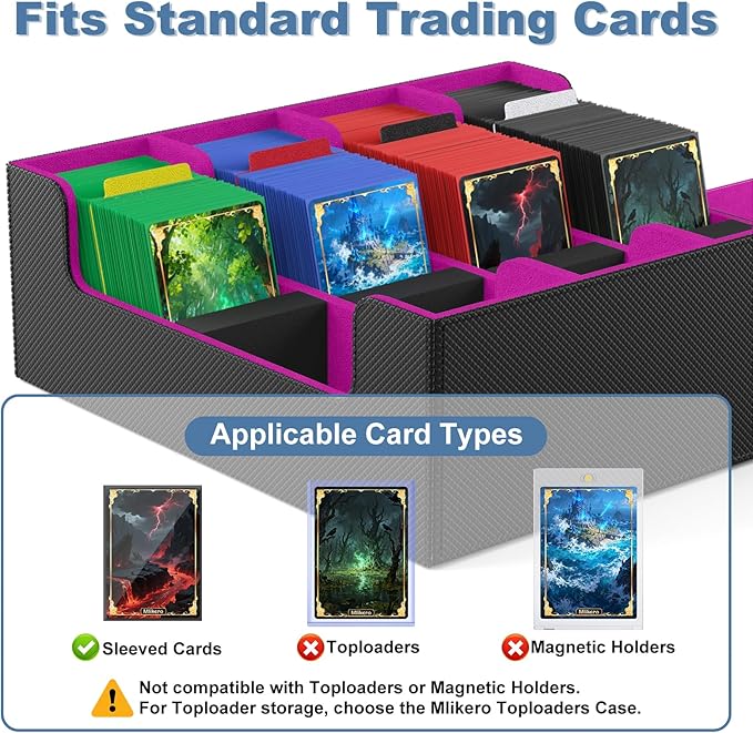 Mlikero Card Deck Case, 2400+ Trading Card Storage Box with 10 Colorful Dividers and 4 Foam Stoppers, Leather Magnetic Closure Commander Deck Box Fit for MTG, TCG (4 Rows, Black&Purple)