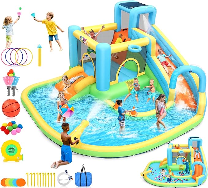 12.8x12FT Water Slide Bounce House for Kids, 12-in-1 Inflatable Water Park with Catch Ball Set/Toss Rings/Water Soaker Balls/Water Gun/Basketball/Splash Pool/Water Cannon/Climbing Wall/Basketball Hoop