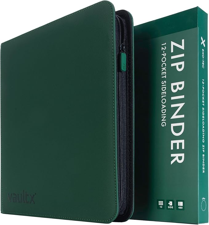 Vault X 12 Pocket Zip Binder, 480 Cards, Exo-Tec Material, 20 Side-Loading Pages (Green)