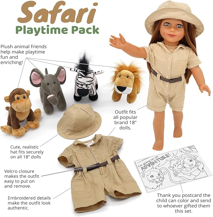 Playtime by Eimmie 18 Inch Doll Clothes and Accessories - Safari Outfit and Stuffed Animal Set - Clothing Sets & Stuff - Fits American, Generation & Similar 18” Dolls for Girls