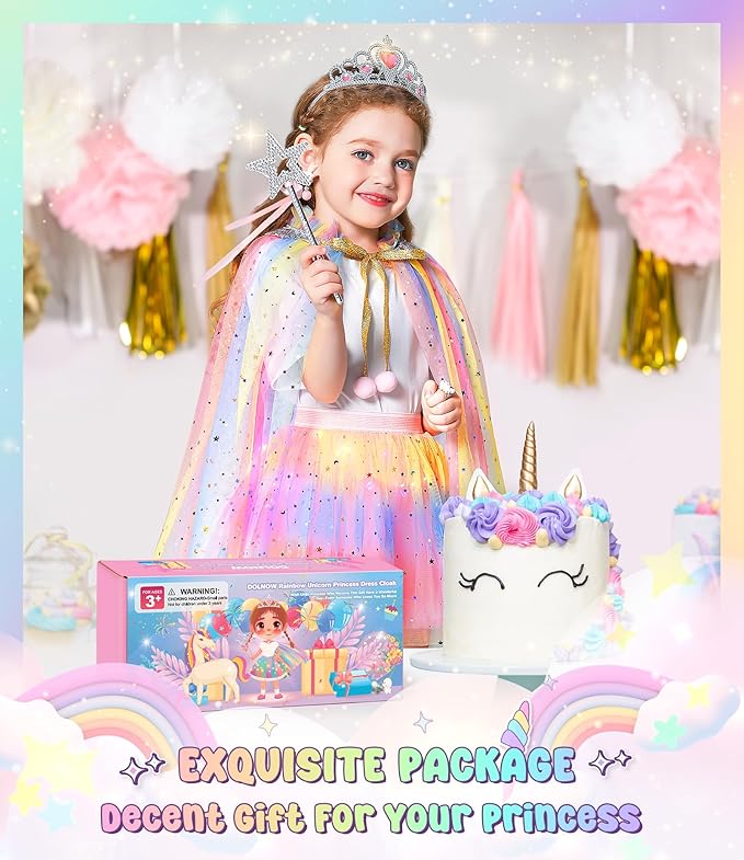 Light up Princess Dress up Clothes for Little Girl, Unicorn Princess Cape Princess Dresses Crown Toy for 3 4 5 6 Girls