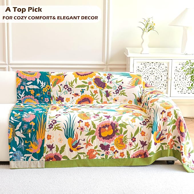 VANJOROY Boho Throw Blanket for Bed, 100% Organic Cotton Breathable Ultra Soft 60" x 80" Quilt Throw - All Season Floral Rustic Farmhouse Decor Luxury Reversible Blanket for Sofa Couch Chair and Gift