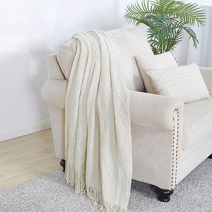 BOURINA Beige Throw Blanket 50x60 Inch Boho Knitted Soft Throw Sofa Blanket | Knitted Throw Blanket 50x60 Inches, Soft Lightweight Boho Weave Throw Decorative Couch Blanket for Living Room Bedroom Chair