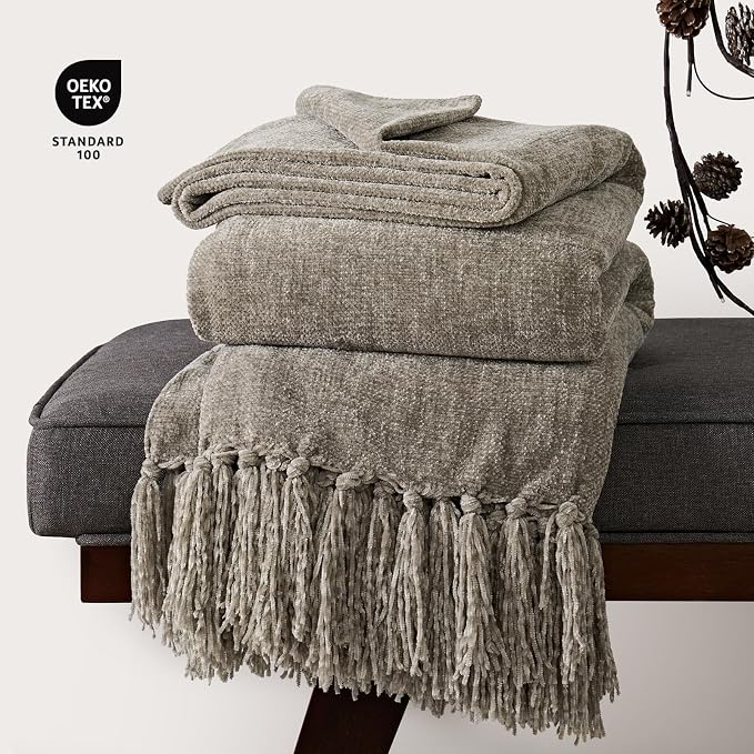 Chenille Knit Throw Blanket for Couch, 60"x80", Taupe | Cozy Plush Fuzzy Knittd Throw with Tassels, Lightweight, Decorative, Farmhouse Decor, Ideal for Bed Sofa Gift, All Seasons