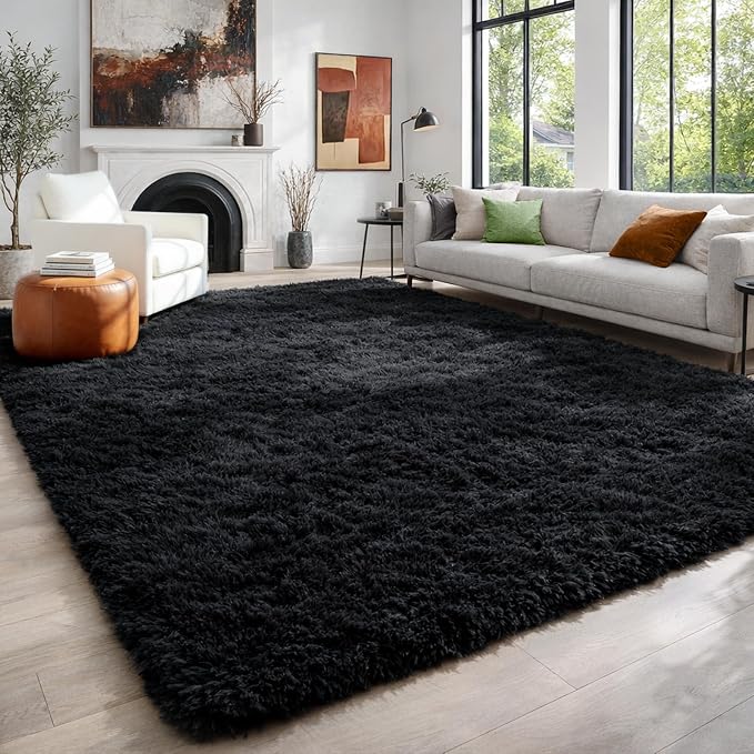 PAGISOFE 6x9 Ft Fluffy Bedroom Rugs, Black Modern Living Room Area Rug, Fuzzy Shaggy Carpet, Indoor Plush Nursery Rugs for Kids Room, Furry Floor Rug for Boys Room, Carpet for Teen Dorm Room Decor