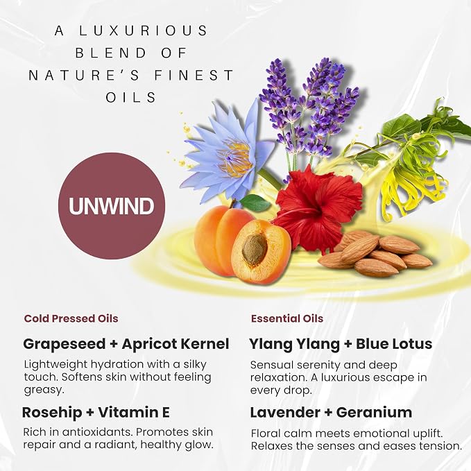 Unwind Massage Oil with Rosehip,Apricot & Vitamin E by |Scented with Pure Essential Oils only|Silky,Relaxing & Nourishing|Ideal for Date Nights||16.9 fl oz (500ml)