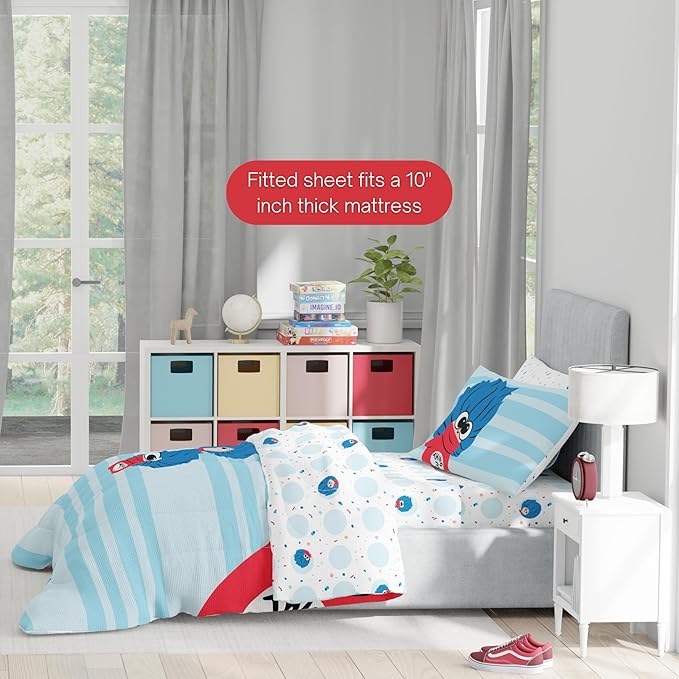 Dr Seuss The Cat in The Hat Movie Set, Full Size 5 Piece Kids Super Soft Cozy Reversible Comforter and Sheet Set, Thing 1, Thing 2, Thing 3 (Officially Licensed Product) By Franco | Durable, Reversible, Officially Licensed