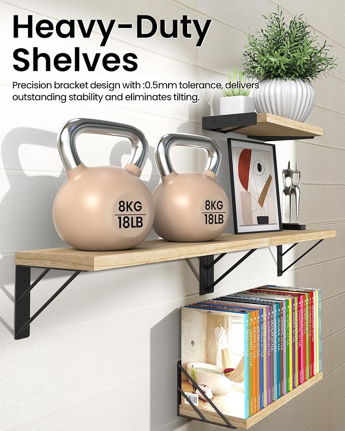 BAYKA Wall Shelves for Bedroom Decor, Floating Shelves for Living Room Kitchen Storage, Wall Mounted Rustic Shelves for Kids Books, Corner Shelf for Bathroom(Carbonized Brown,Set of 4)