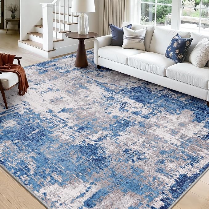 RELEANY Washable Square 10' x10' Area Rug for Living Room Blue Gray | carpet for bedroom, kitchen, office, hallway and entryway, printed pattern, non-slip, soft, stain-resistant, easy to clean
