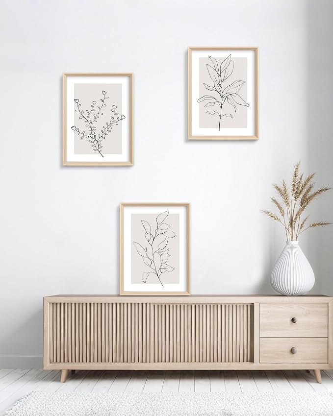 HesenDot Minimalist Botanical Framed Wall Art, Line Drawing Canvas Prints | 12x16IN Set of 3, High Framed Design Prints, Neutral Plant Artwork Wall Decor for Living Room Bedroom Bathroom Office