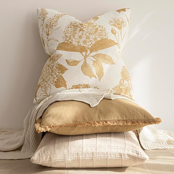 Foindtower Set of 2 Linen Floral Vintage Throw Pillow Covers Neutral Accent Print Decorative Cozy Cushion Covers Farmhouse Home Decor for Sofa Chair Couch Bed Living Room,20×20 Inch,Light Yellow