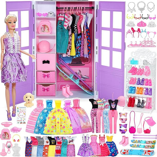Doll Closet Clothes and Accessories - 135Pcs with Dolls Storage Organizer Wardrobe Sets, Princess Fashion Pack Playset Including Wedding Gowns/Dresses/Shoes/Outfit, Birthday Girls Gifts Age 345678