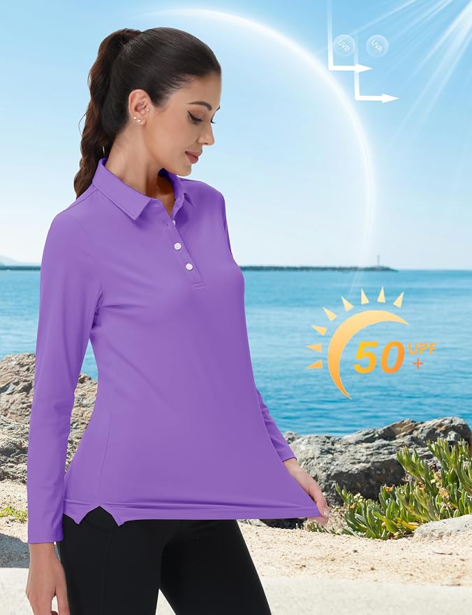 MAGCOMSEN Long Sleeve Polo Shirts for Women Golf Tops with Collar Work | UPF 50+ Sun Protection, 4 Buttons, Moisture Wicking, Breathable, 4-Way Stretch, Collared, Quick Dry, Active, Casual, Tennis