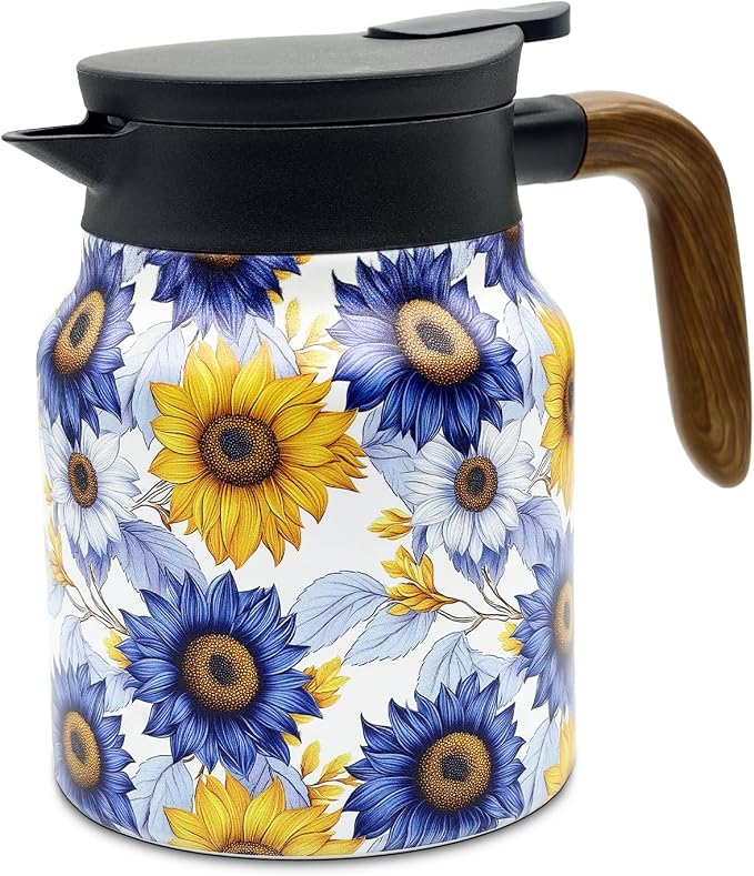 35 OZ Sunflower Vintage Floral Tea Pot with Infuser, Large Capacity Insulated Stainless Steel Tea Kettle, 12 Hour Hot/Cold Retention, Tea-Water Separation Loose Leaf Tea Steeper for Hot Drinks