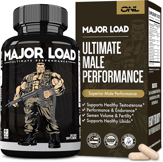 ONL Major Load Testosterone Booster for Men - Semen Volume Booster - Libido Booster for Men with Horny Goat Weed, Maca Root, Tongkat Ali - Energy, Stamina & Strength - 60 Caps, Non-GMO, Made in USA
