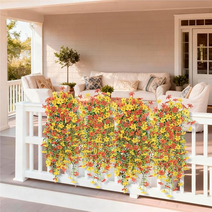 INQCMY Artificial Fake Hanging Flowers Plants for Outdoor Fall Decoration | 2 PCS Faux Silk Daisy with Eucalyptus Leaves,UV Resistant Look Real for Outside Home Planter Porch Patio Balcony Yard Decor