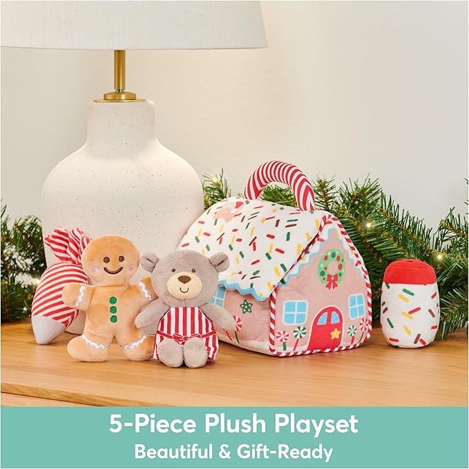 GUND Baby Play Soft Collection, My First Gingerbread House 5-Piece Playset with Rattle, Squeaker and Crinkle Plush Toys, Sensory Toy for Babies, 7.5”