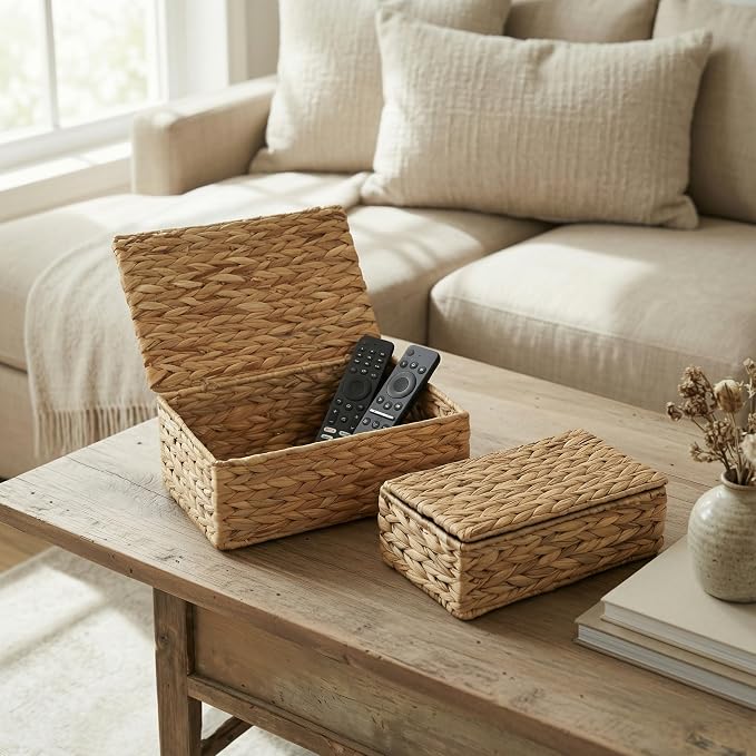 ZICOTO Decorative Storage Boxes with Lids - Set of 2 Wicker Organizer Bins | Beautiful Rattan Design for Shelves and Home Decor - Safely Store Photos, Documents and Memory Box Keepsakes in Style