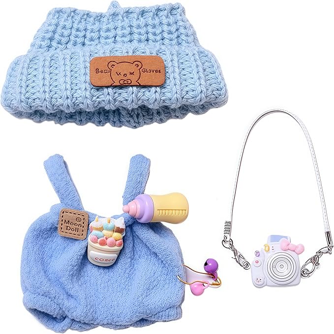 Designer Clothes for 15cm/17cm Dolls, Doll Knit Outfit Accessories with Blue Sweater Overall, White Camera and Beanie, DDK-Blue