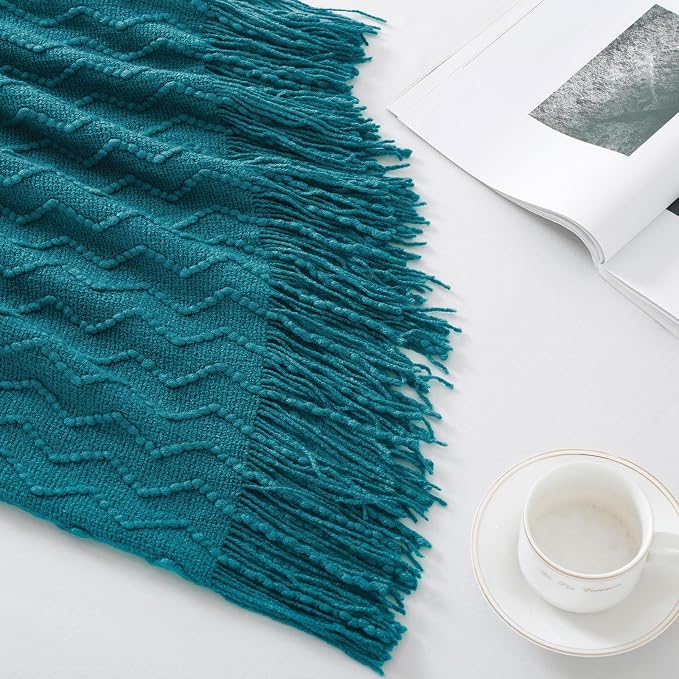 BOURINA Teal Throw Blanket 50x90 Inch Boho Knitted Soft Throw Sofa Blanket | Knitted Throw Blanket 50x90 Inches, Soft Lightweight Boho Weave Throw Decorative Couch Blanket for Living Room Bedroom Chair