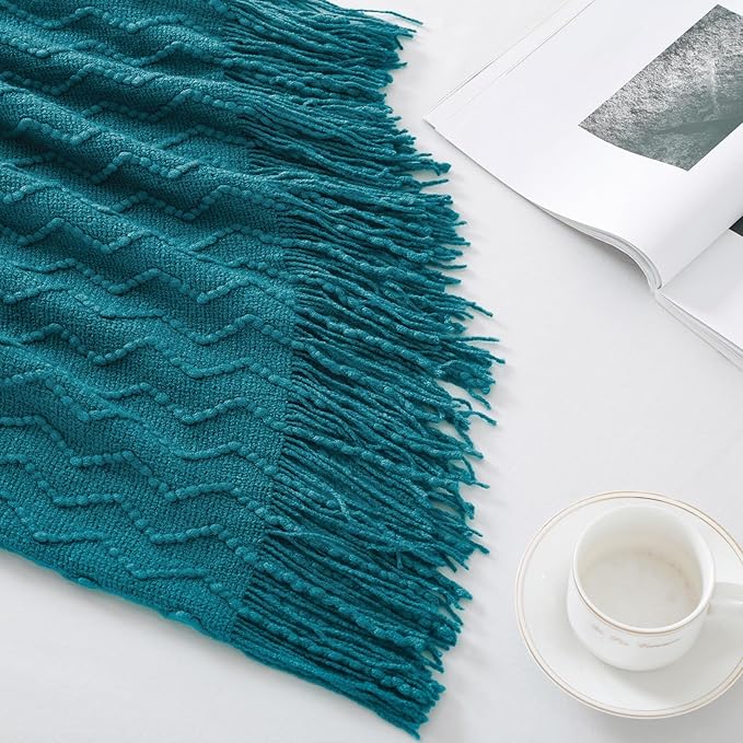 BOURINA Teal Throw Blanket 60x80 Inch Boho Knitted Soft Throw Sofa Blanket | Knitted Throw Blanket 60x80 Inches, Soft Lightweight Boho Weave Throw Decorative Couch Blanket for Living Room Bedroom Chair