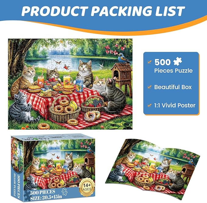 500 Piece Puzzles for Adults, Cat Family Dinner Large Piece Jigsaw Puzzle for Adults Seniors,Recycled Cardboard Puzzle 500 Piece,Family Activity Great Gift for Family Friends 20.5 * 15 in