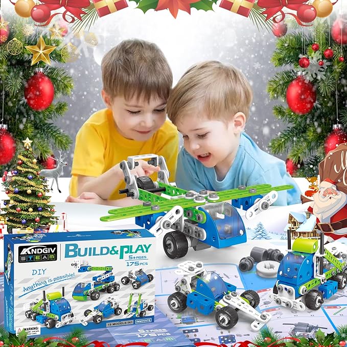STEM Building Toys for Kids Ages 4-8, 175 Pcs Educational Construction Kit, Building Blocks Set, 18 in 1 Creative Engineering Pull Back Cars, Birthday Gift for Boys & Girls 4 5 6 7 8 9 10 Year Old