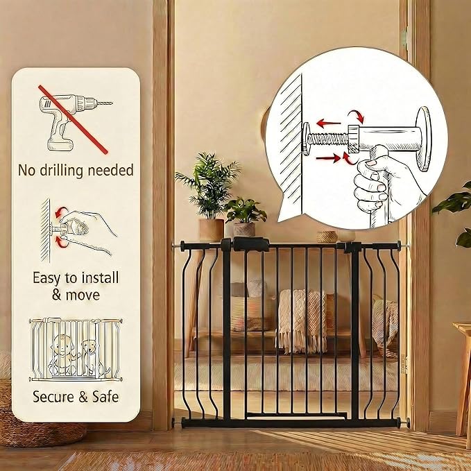 Extra Wide Baby Gate, 52.7-57.5 Inch, Large Walk Through, Black Metal, Pressure Mounted, Long Safety Dog Gate for House Doorways & Stairs