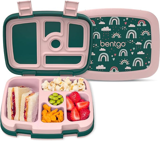 Bentgo Kids Prints Leak-Proof, 5-Compartment Bento-Style Kids Lunch Box - Ideal Portion Sizes for Ages 3-7, Durable, Drop-Proof, Dishwasher Safe, & PFAS & BPA-Free Materials (Green Rainbow)