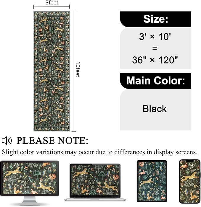 DUKINO 3x10 Washable Runner Rug, Non Slip Animal Rug for Hallway, Black | Low Pile, Stain Resistant, Soft Thin Indoor Rug Runner for Kitchen, Entryway, Bedroom, Bathroom, Pet Friendly, Non-Shedding