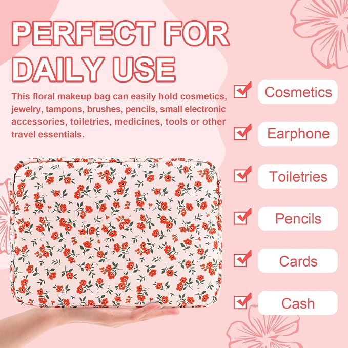 UIXIZQ Waterproof Large Floral Makeup Pouch,Nylon Travel Toiletry Storage Purse Preppy Cosmetic Bag for Women Girl,Large Capacity Makeup Organizer Zipper Pouch for Work(L Pink-Flowers)