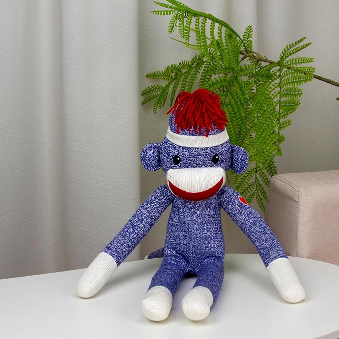 Plushland Adorable Sock Monkey, The Original Traditional Hand Knitted Stuffed Animal Toy Gift-for Kids, Babies, Teens, Girls and Boys Baby Doll Present Puppet 20 Inches (New Blue)