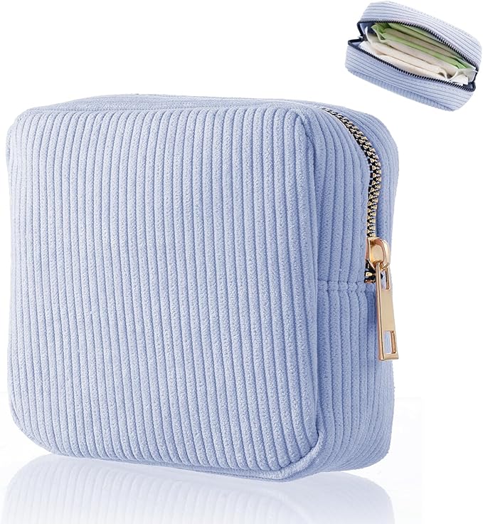 Period Bag for Teen Girls (Blue) | Corduroy Sanitary Napkin Storage Bags Portable Sanitary Pad Storage Bag with Slip-in Pockets