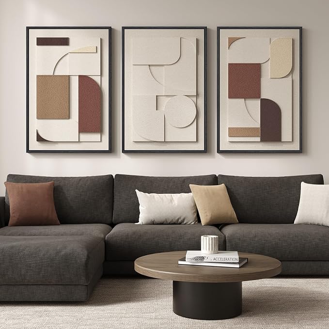 Large Framed 3D Textured Neutral Abstract Wall Art for Living Room, 3 Piece | Solid wood frames, texture paintings, modern artwork for walls, minimalist geometric pictures, wall decor for bedroom office