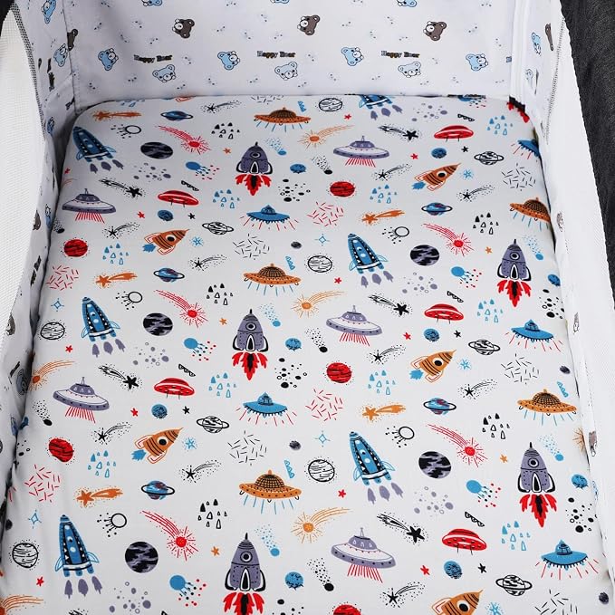 Pack n Play Sheet Stretchy Fitted Portable Mini Crib Sheets Set 2 Pack,Playard Sheets Convertible Playard Mattress Cover,Ultra Soft Jersey Material, Rocket & Car