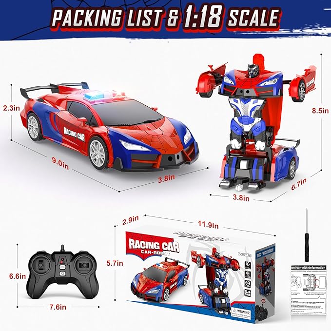 Remote Control Car for Boys 8-12 4-7, 2.4GHz RC Car 1:18 Scale, One-Button Transforming Toy with 360° Spins, LED Lights