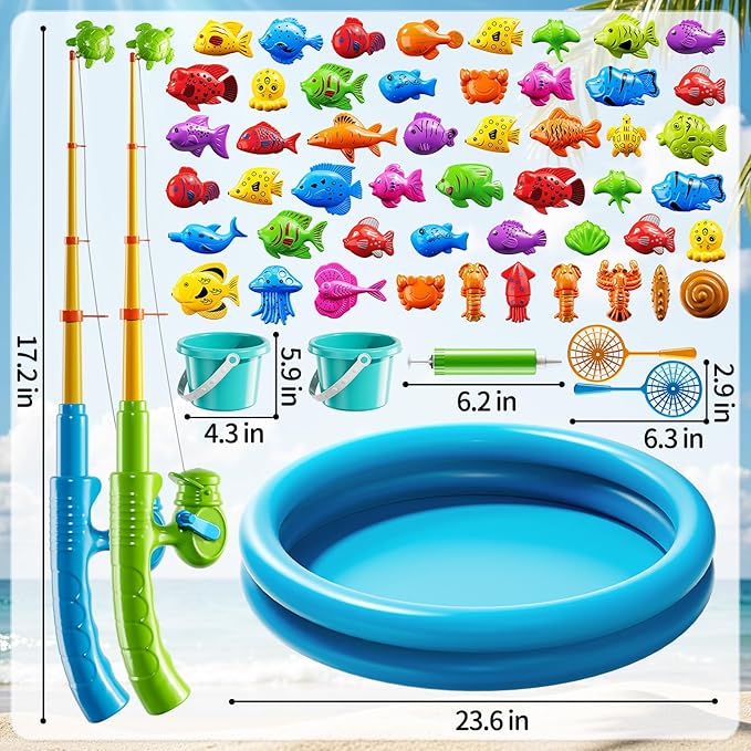 Magnet Fishing Toys Game for Kids 3-5 - Floating Fish Toys with Inflatable Kiddie Pool, Bath for Toddlers, Pole Rod Net, Outdoor Party for Boys Girls Kids Age 3 4 5 6 7 8 Year Old