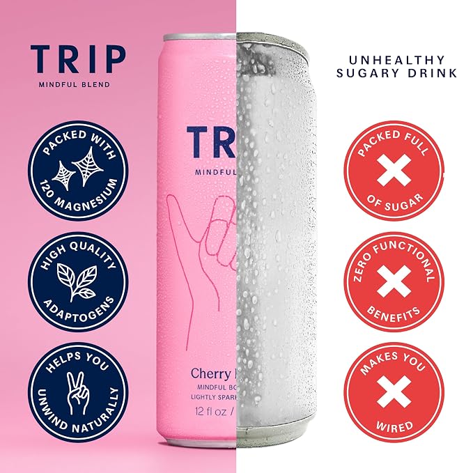 TRIP Lightly Sparkling Adaptogen Drink, Non Alcoholic Drink with Magnesium, Ashwagandha, Lions Mane & L Theanine, No Added Sugar Mocktail, Vegan, Cherry Lemon, 12 Oz, 12Pk