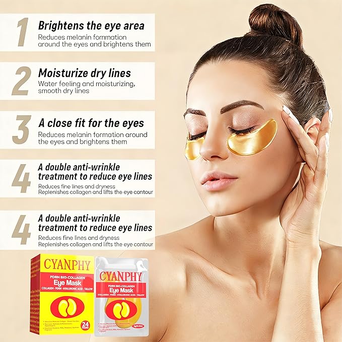 CYANPHY Under Eye Gel Masks with PDRN, Tallow, Collagen, Hyaluronic Acid, Peptides, 24k Gold Cooling Eye Patches for Dark Circles, Puffiness, Fine Lines Eye Mask Birthday Gift (24 Pairs)