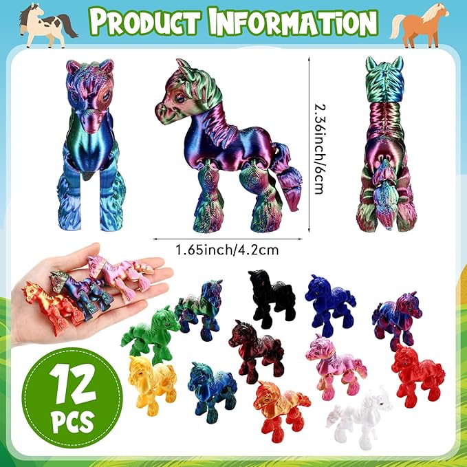 Honoson 12 Pcs 3D Printed Fidget Toy 3D Printed Horse Small Animal Toy Flexible Cute Articulating Pet Stress Relief Fidget Toys for Play and Display(6cm)