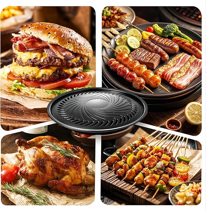 Korean BBQ Grill Pan, Nonstick 13.5" Round Indoor Grill Pan Smokeless Cast Aluminum Includes Food Tongs & Grill Plate Handle, Outdoor Camping Grilling, Picnic Cooking