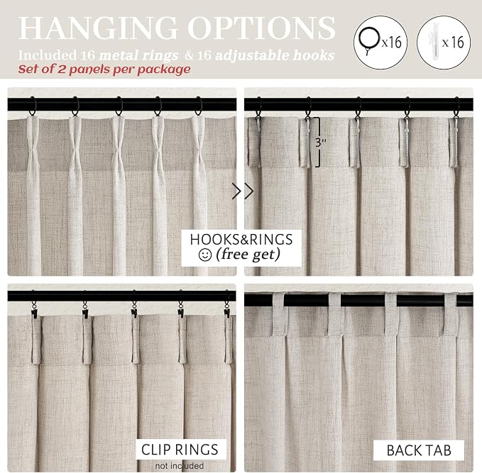 Greyish Brown Pinch Pleated Light Filtering Room Divider Curtains 95 Inches Long 2 Panels Set, Memory Trained Natural Linen Semi Sheer 94-96 Inch Non See Through Privacy Decorative Window Drapes Burg