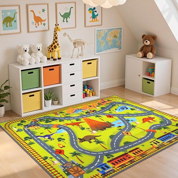LIVEBOX 5x7 Dinosaur Adventure Rugs for Boys Bedroom,Non Slip Playroom Kids Car Track Rug Collection Safari Road Map,Educational & Game Play Carpet for Kids Room Classroom Living Room