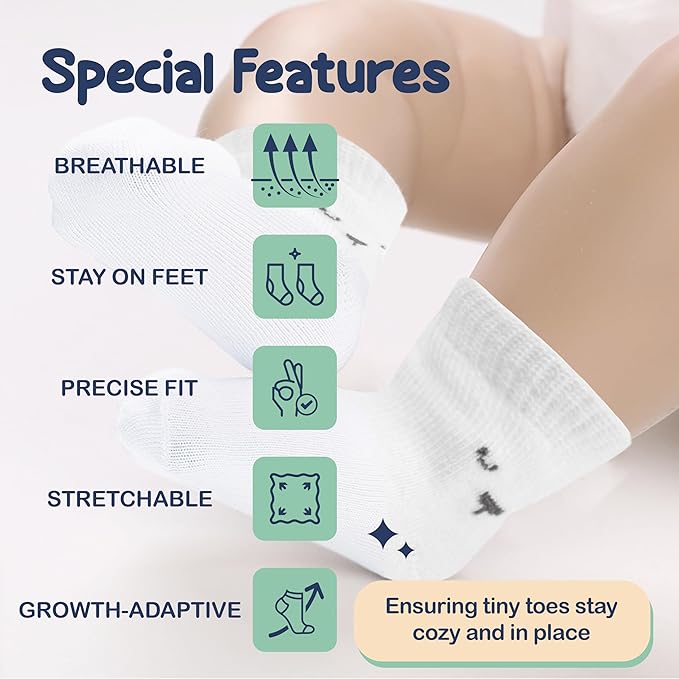 Mother's Choice Organic Cotton Baby Socks 0-6 Months - 06 pairs Unisex, Infant Black Socks, Soft Ankle Girls & Boys, Cozy Newborn Socks and Baby Gift Slipper Sock, Ideal In Daily Handling